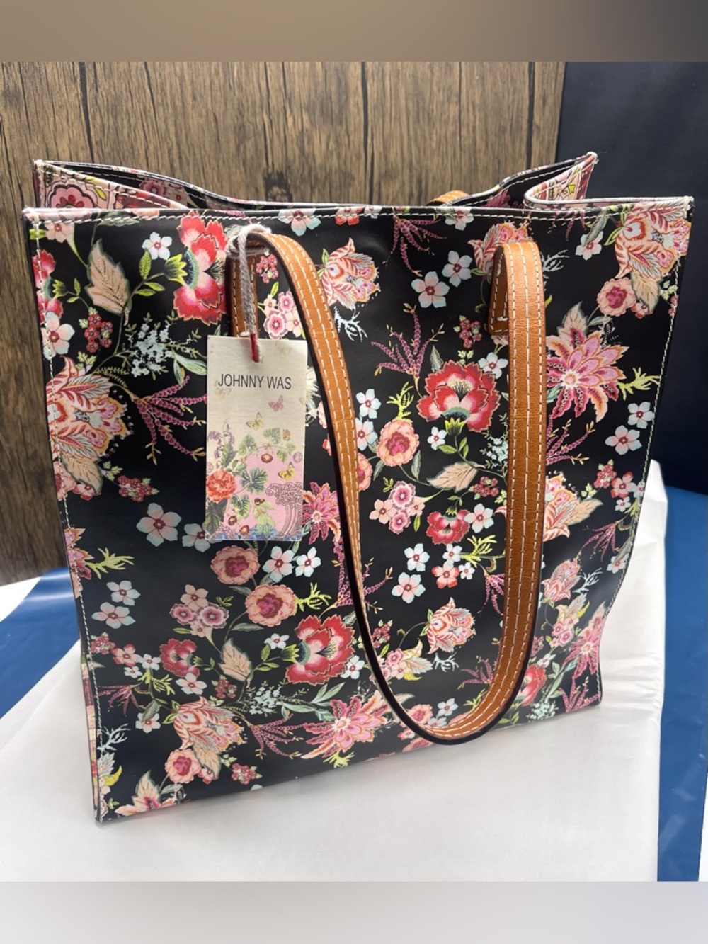 $425 JOHNNY WAS Cassie Leather Printed Tote Bag Floral Purse Black Red Pink NWT